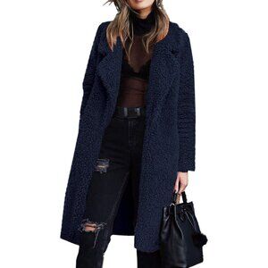 Women's Navy Fuzzy Fleece Lapel Open Front Long Cardigan Coat Fur Warm Winter